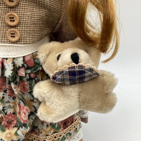 Vintage 16" Porcelain Doll with Teddy Bear & Floral Dress - Picture 9 of 11